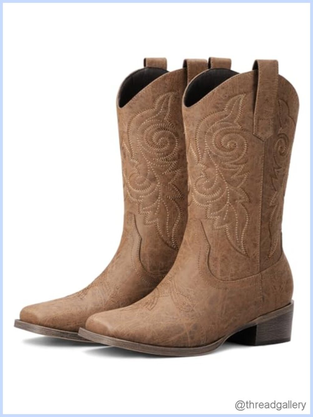 Faux Leather Mid Calf Cowboy Boots Square Toe Chunky Heel Pull On Women's